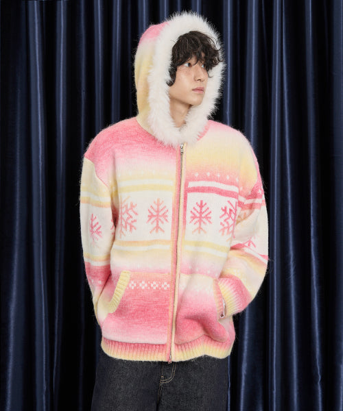 Snow Gradation Fur Hood Knit Zip Up PINK