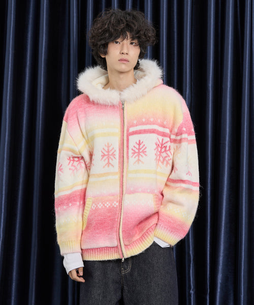 Snow Gradation Fur Hood Knit Zip Up PINK