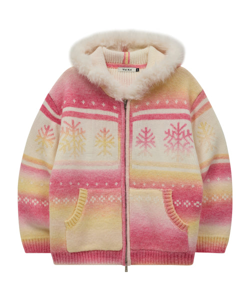 Snow Gradation Fur Hood Knit Zip Up PINK