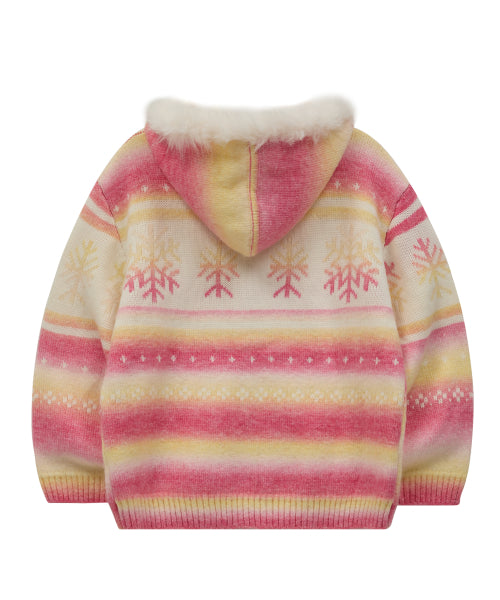 Snow Gradation Fur Hood Knit Zip Up PINK