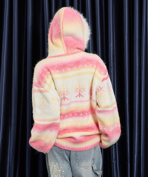 Snow Gradation Fur Hood Knit Zip Up PINK