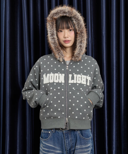 MOONLIGHT Applique Fur Hood Zip Up CHARCOAL