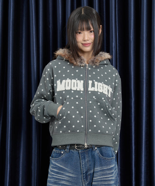 MOONLIGHT Applique Fur Hood Zip Up CHARCOAL