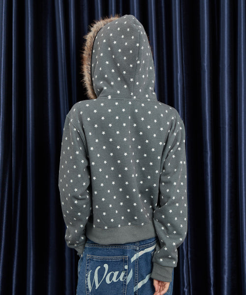 MOONLIGHT Applique Fur Hood Zip Up CHARCOAL