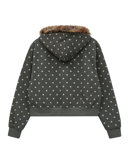 MOONLIGHT Applique Fur Hood Zip Up CHARCOAL