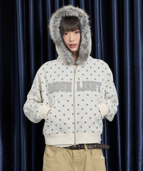 MOONLIGHT Applique Fur Hood Zip Up IVORY