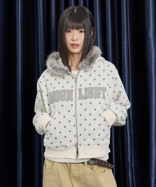 MOONLIGHT Applique Fur Hood Zip Up IVORY