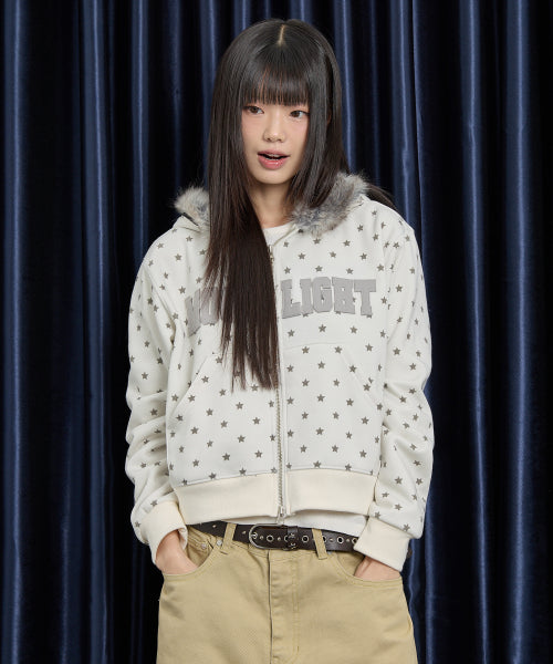 MOONLIGHT Applique Fur Hood Zip Up IVORY