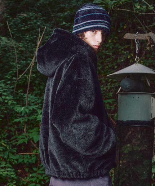 XJ128 Oversized Quilting Hooded Fur Jacket (BLACK)