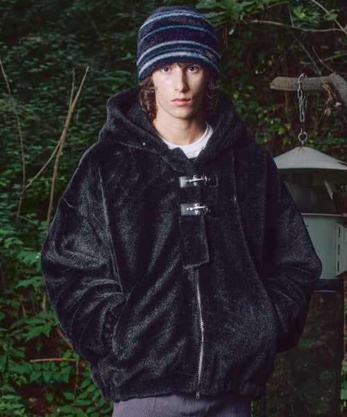 XJ128 Oversized Quilting Hooded Fur Jacket (BLACK)