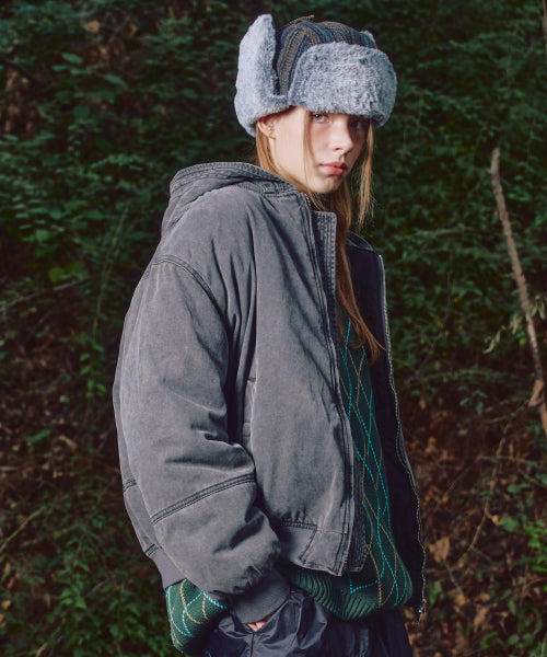 XJ130 Creud Washing Hooded Bomber Jacket (GRAY)