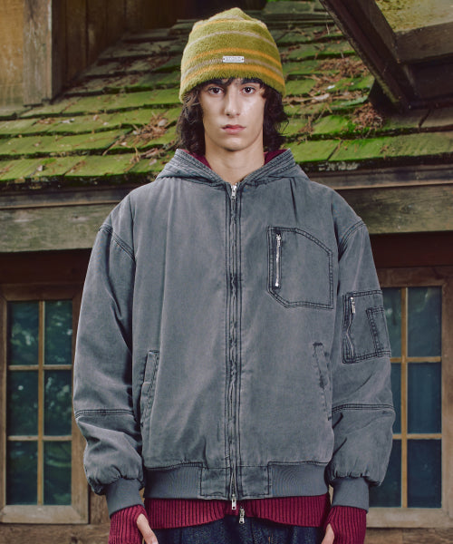 XJ130 Creud Washing Hooded Bomber Jacket (GRAY)