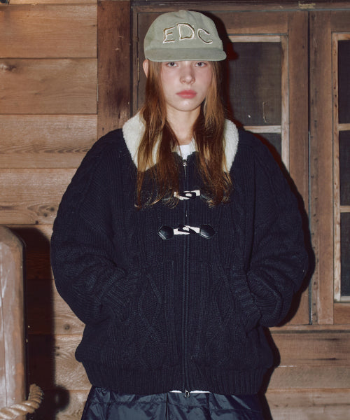XTK174 Collar Quilting Cowichan Knit Zip-Up (BLACK)