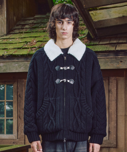 XTK174 Collar Quilting Cowichan Knit Zip-Up (BLACK)