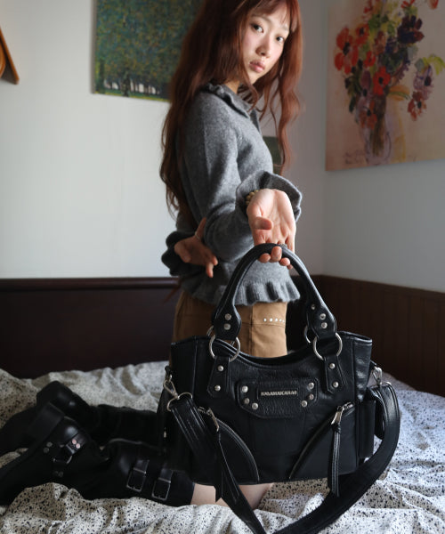 Studded Leather Mini Shoulder Bag (Black)