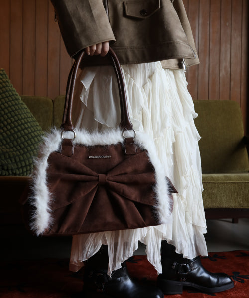 Ribbon Fur Suede Shoulder Bag (Brown)