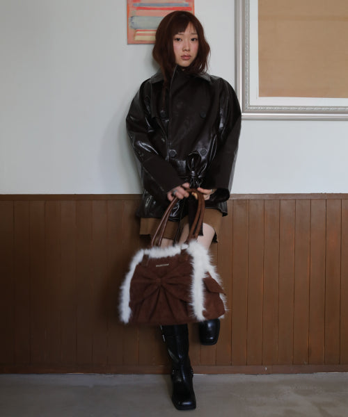 Ribbon Fur Suede Shoulder Bag (Brown)