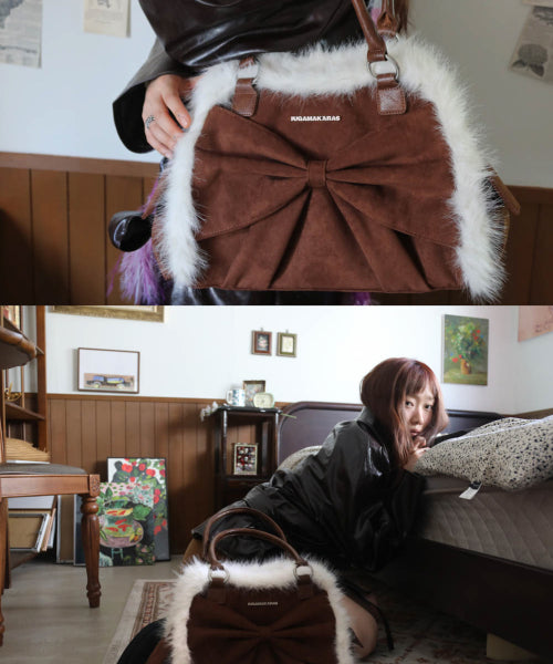 Ribbon Fur Suede Shoulder Bag (Brown)