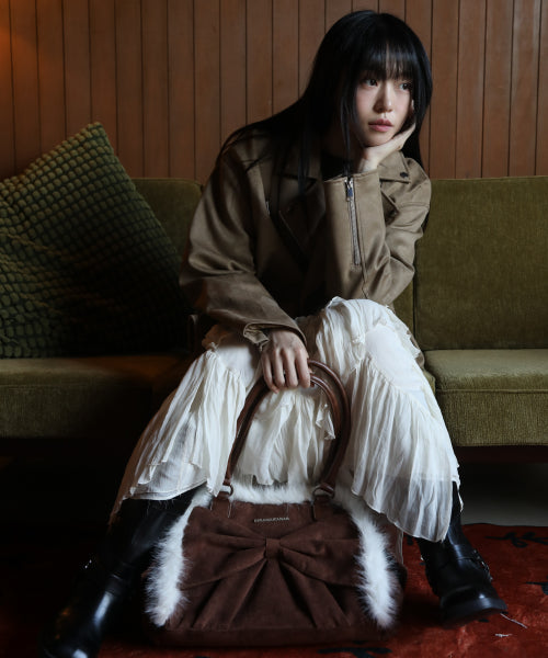 Ribbon Fur Suede Shoulder Bag (Brown)
