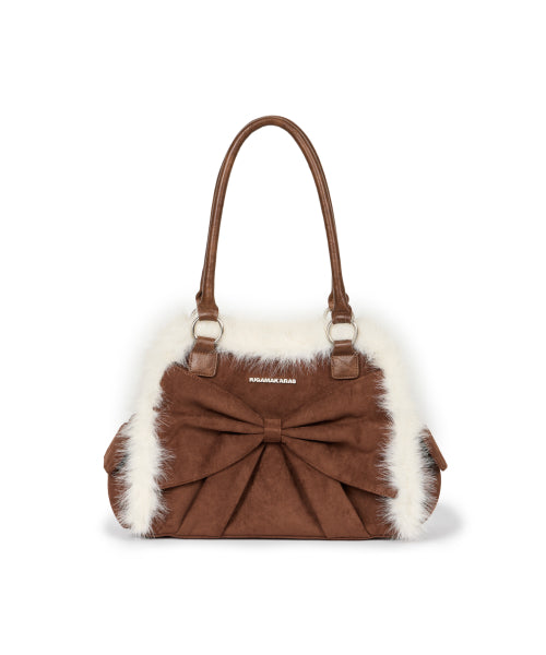 Ribbon Fur Suede Shoulder Bag (Brown)