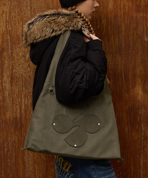Clover Logo Artificial Suede Shoulder Bag KHAKI