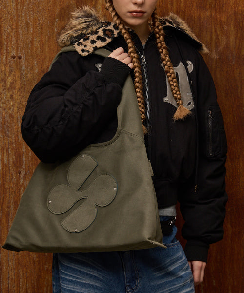Clover Logo Artificial Suede Shoulder Bag KHAKI