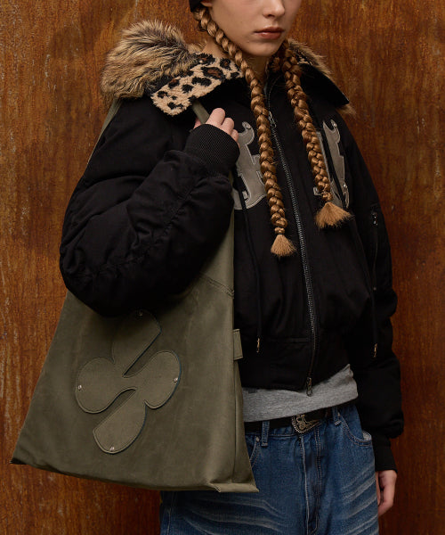 Clover Logo Artificial Suede Shoulder Bag KHAKI