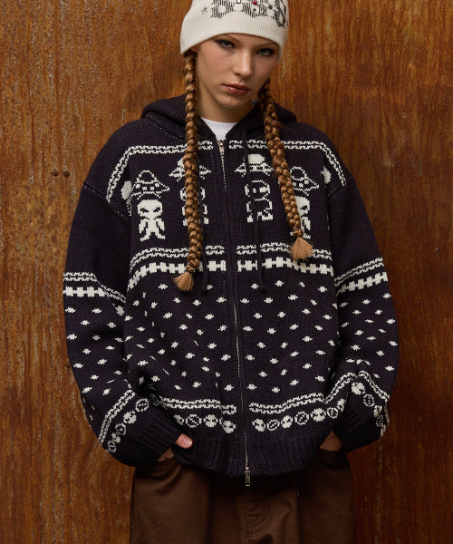 Alien Pattern Knit Hood Zip-up NAVY