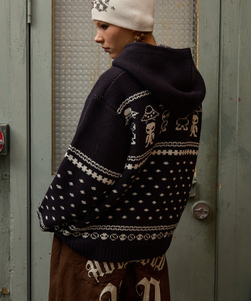Alien Pattern Knit Hood Zip-up NAVY