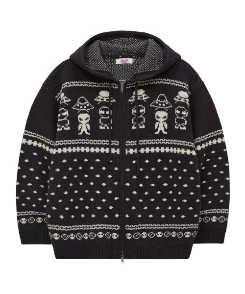 Alien Pattern Knit Hood Zip-up NAVY