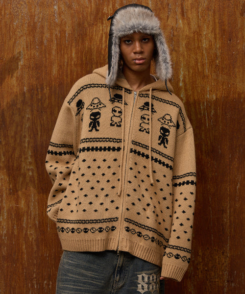 Alien Pattern Knit Hood Zip-up BEIGE