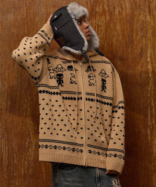 Alien Pattern Knit Hood Zip-up BEIGE
