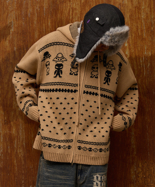 Alien Pattern Knit Hood Zip-up BEIGE