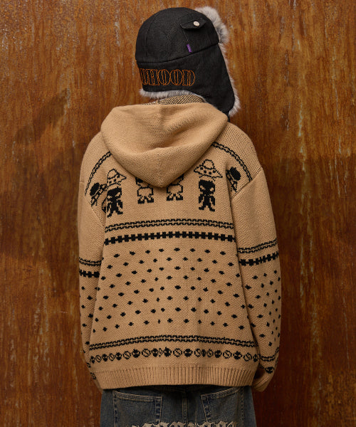 Alien Pattern Knit Hood Zip-up BEIGE