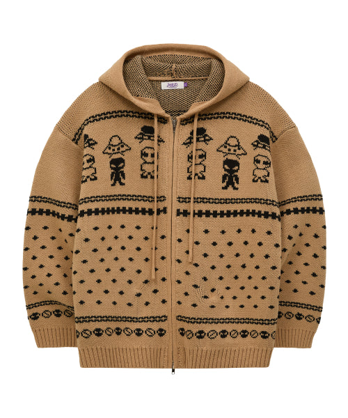Alien Pattern Knit Hood Zip-up BEIGE