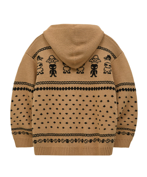 Alien Pattern Knit Hood Zip-up BEIGE