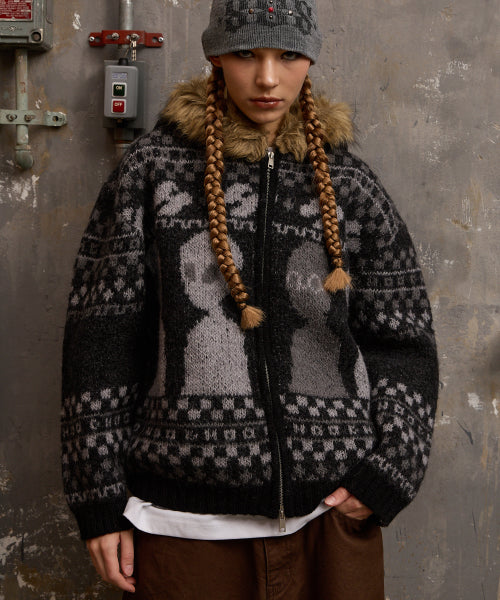 Alien Fur Knit Hood Zip-up BLACK