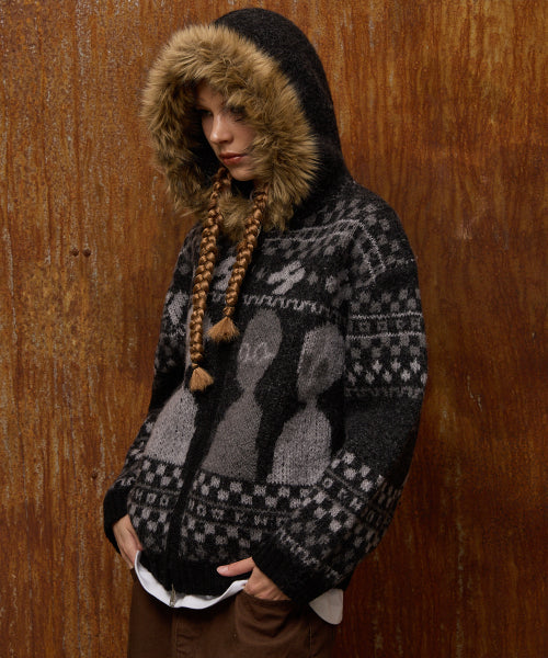 Alien Fur Knit Hood Zip-up BLACK