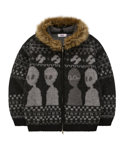Alien Fur Knit Hood Zip-up BLACK