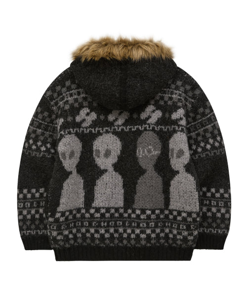 Alien Fur Knit Hood Zip-up BLACK