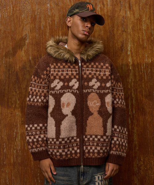 Alien Fur Knit Hood Zip-up BROWN