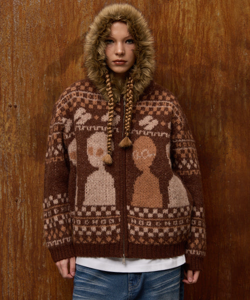 Alien Fur Knit Hood Zip-up BROWN