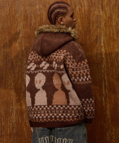 Alien Fur Knit Hood Zip-up BROWN