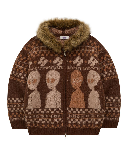 Alien Fur Knit Hood Zip-up BROWN