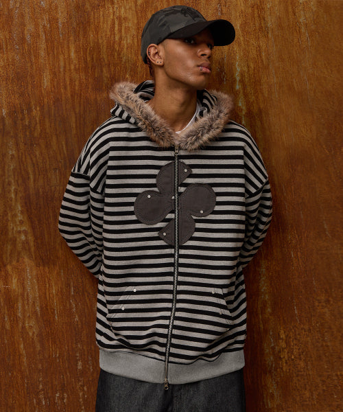 Clover Applique Fur Hood Zip-up STRIPE BLACK