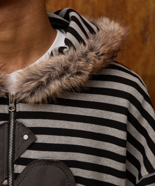 Clover Applique Fur Hood Zip-up STRIPE BLACK