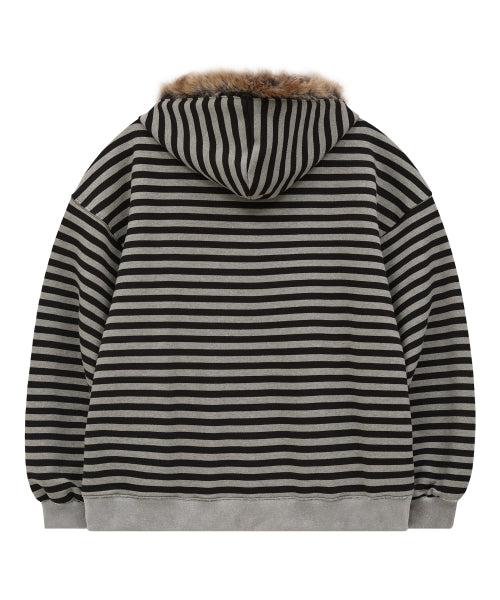 Clover Applique Fur Hood Zip-up STRIPE BLACK