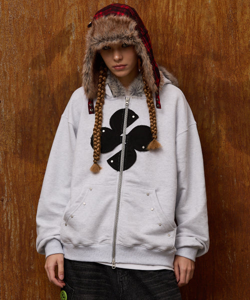 Clover Applique Fur Hood Zip-up MELANGE WHITE