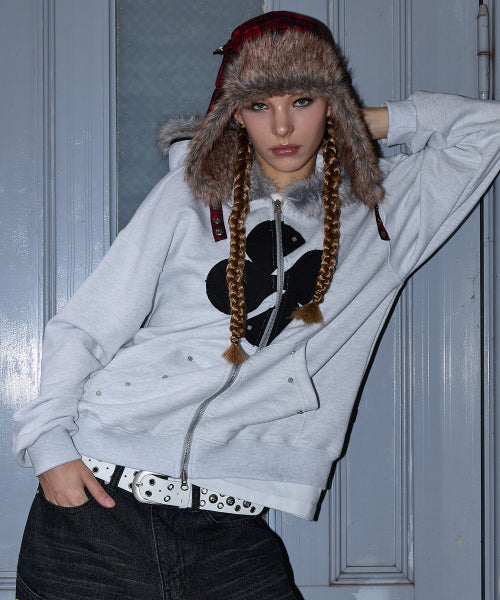 Clover Applique Fur Hood Zip-up MELANGE WHITE