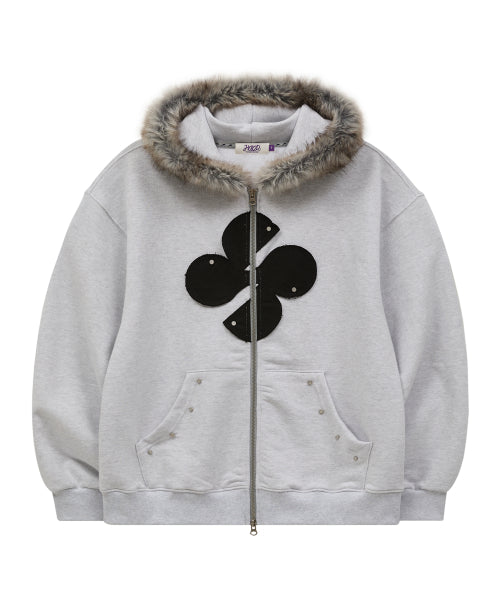 Clover Applique Fur Hood Zip-up MELANGE WHITE